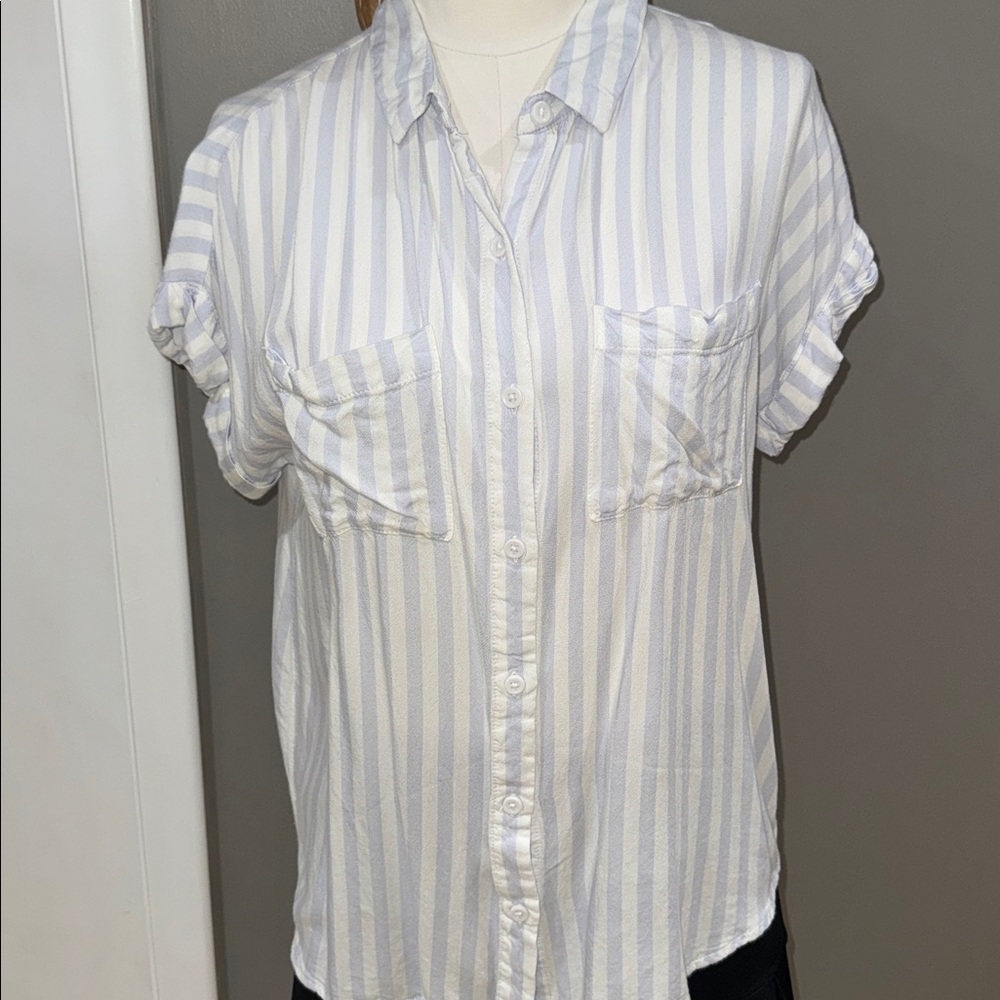 Light Blue and White Striped Button-Up Short Sleeved Women's Top